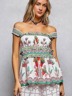 New POL Summer Bohemian Prints Desert Bloom Smocked Off-Shoulder Top